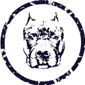 VO Big Dog logo black and white drawing of a bulldog framed in a weathered black circle