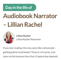 Screenshot of Headline: Day in the life of Audiobook Narrator - Lillian Rachel and excerpt starting  "if you love reading, this may seem like a dream job -"