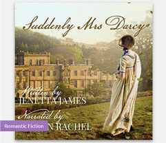Book cover with script title Suddenly Mrs Darcy and a regency lady standing on a hilltop looking down at a grand manor house