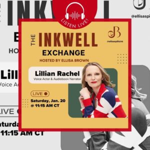 Headshot of Lillian in union jack dress with title of The Inkwell Exchange and date of live interview on instagram January 20, 2024